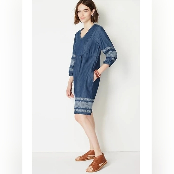 J.jill Embroidered Indigo Peasant Dress, Color Luna Wash Multi, Size M - Picture 3 of 12